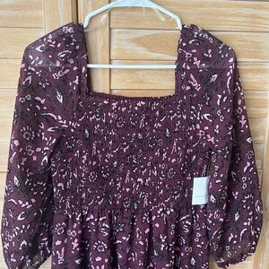 beachlunchlounge Burgundy Floral Smocked Midi Dress with Pink & Black Accents